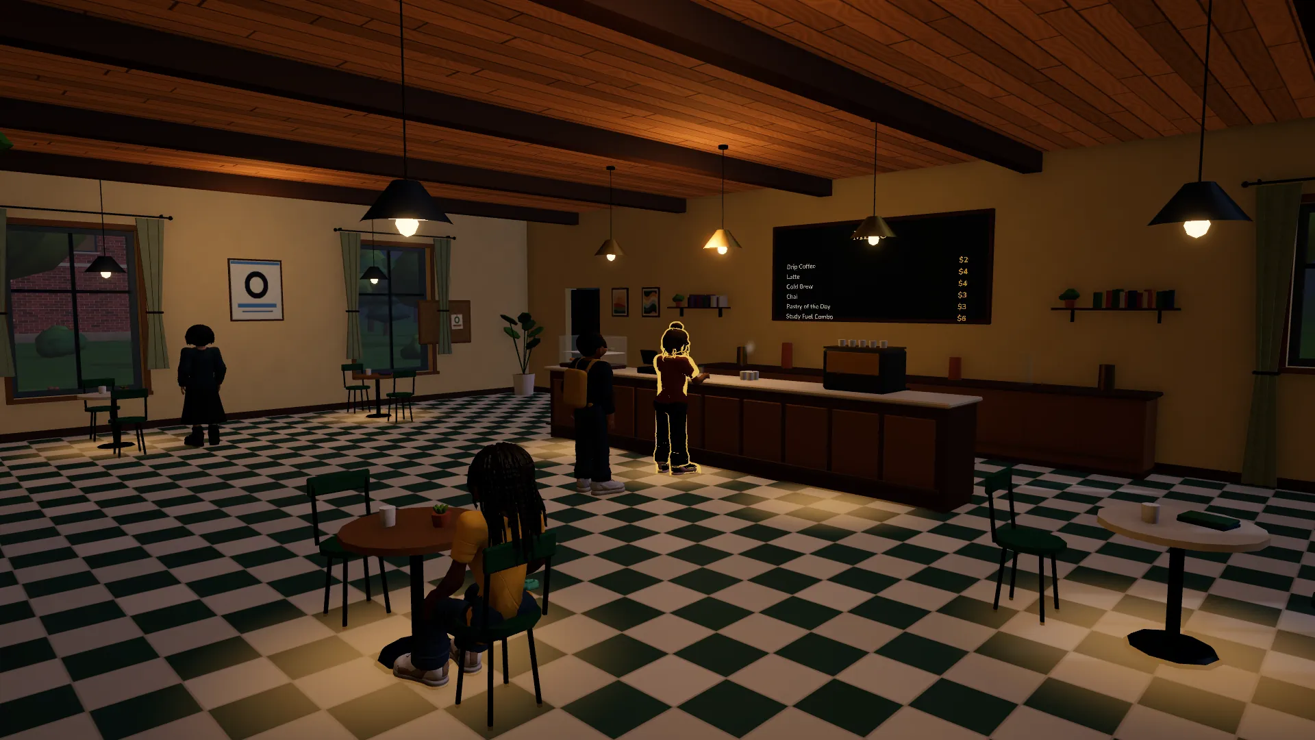 Inside Lantern Café at night: pendant lamps, a checkered floor, students at tables and a barista behind the counter.