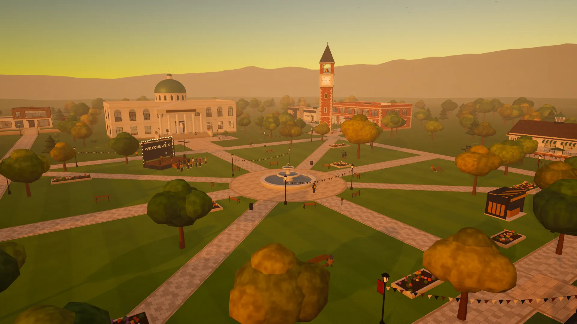 D2D University at golden hour: the quad, the domed hall and the clock tower.