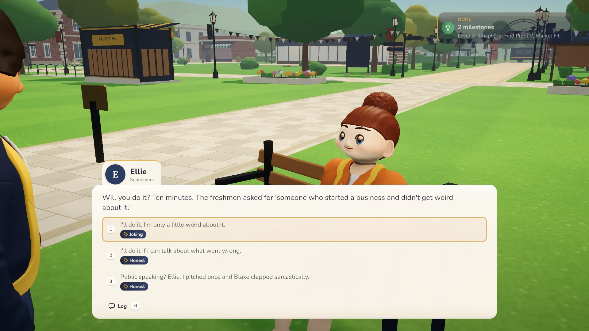 Talking with Ellie, a classmate, on a sunny campus path, with three possible replies on screen.