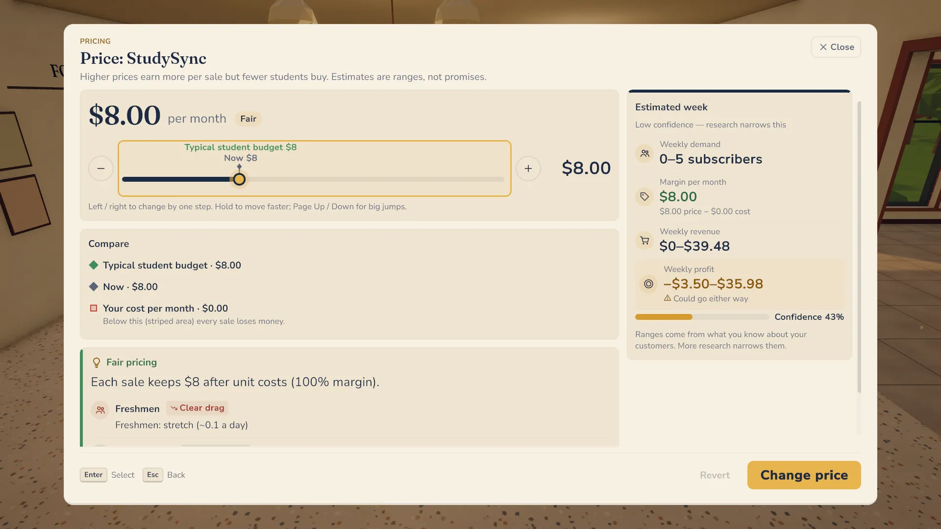 The pricing screen for StudySync: $8.00 a month, with estimated weekly demand and profit ranges.