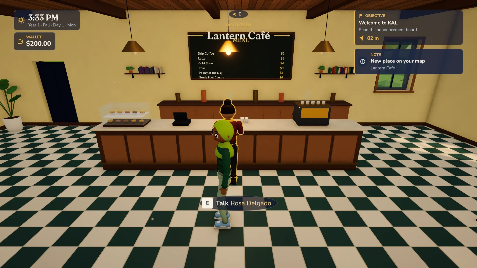 Inside Lantern Café: a checkered floor, a long wooden counter, a menu board and a classmate to talk to.