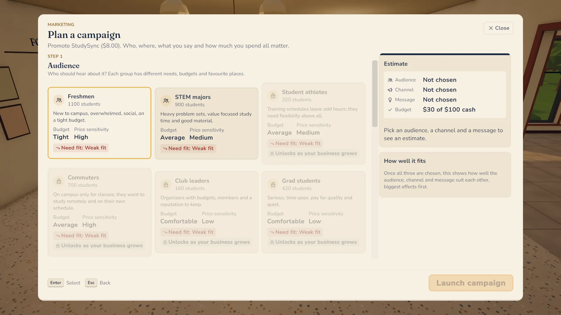 The campaign planner: choosing an audience such as freshmen or STEM majors, with fit and budget for each.
