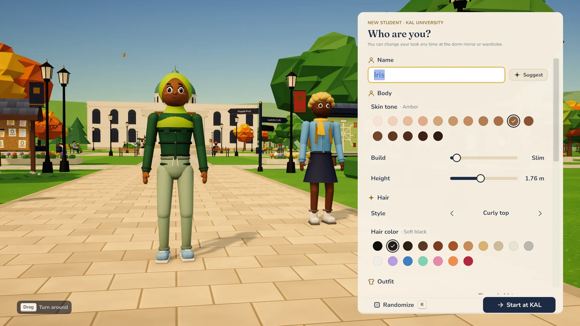 The character creator: a new student's name, skin tone, build, height and hair, with the quad behind.