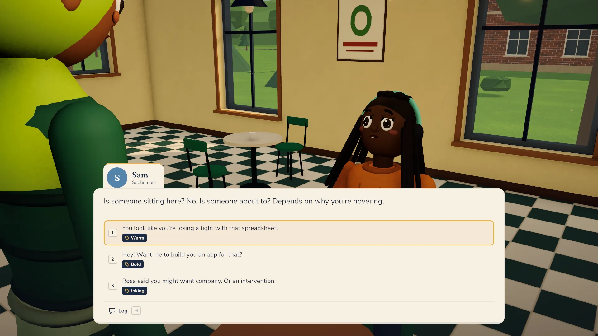 A conversation with Sam, a classmate, with three reply choices on screen.