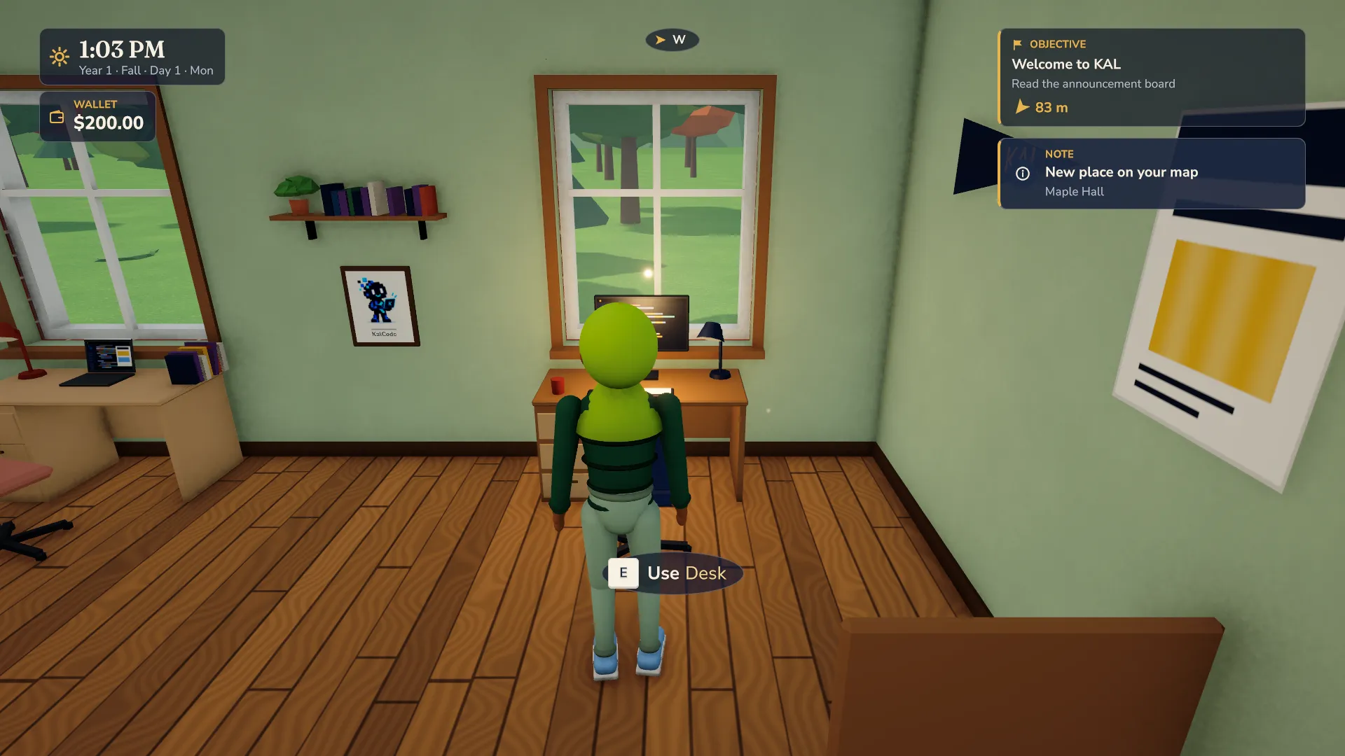 The player in a Maple Hall dorm room at the desk, with the prompt Use Desk, where KalCode Sim opens.