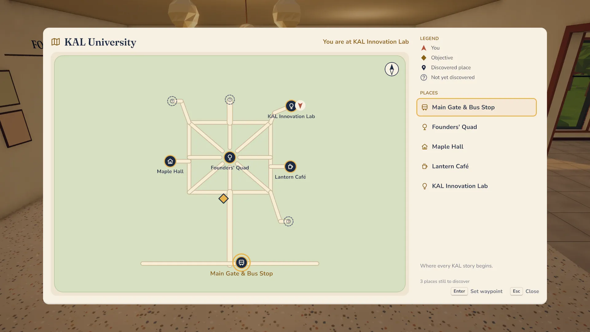 The KAL University map, marking Maple Hall, the quad, Lantern Café, the Innovation Lab and the main gate.