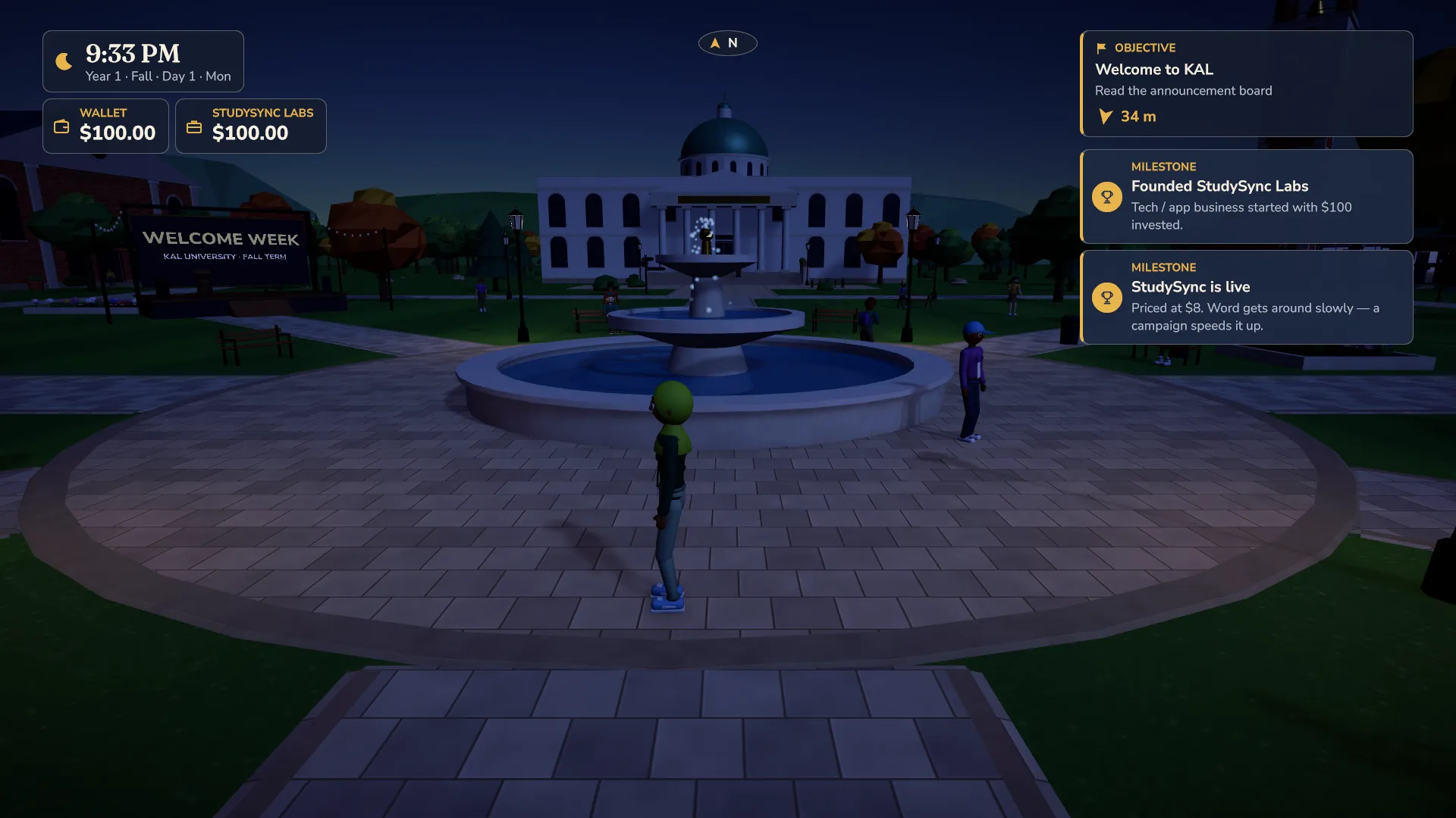 The same quad at night under lamplight, the domed hall lit in the distance.