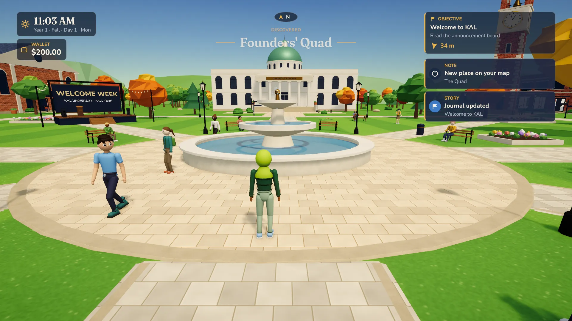 The player on Founders' Quad during Welcome Week, beside the fountain, with the domed hall behind and the clock, wallet and objective on screen.
