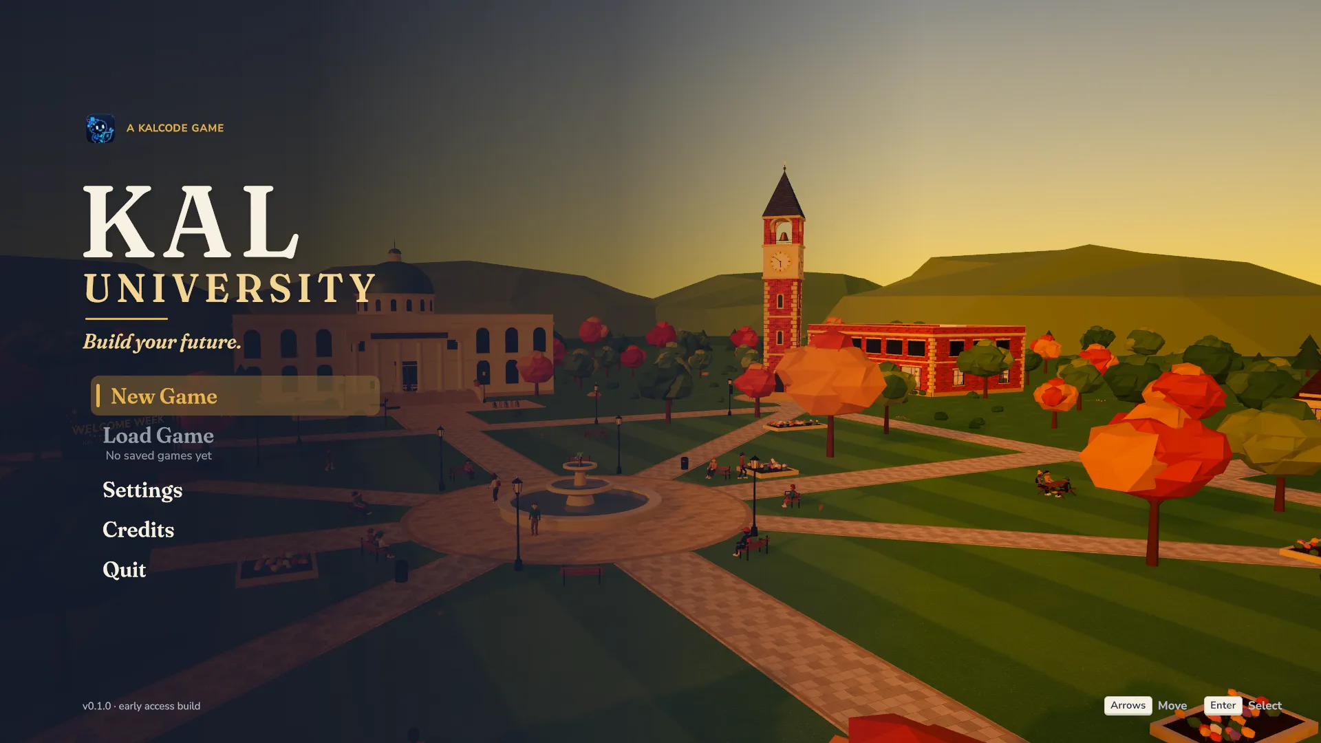 The KAL University title screen at sunset: the KalCode mascot with A KalCode Game, the tagline Build your future., and the campus clock tower and quad behind the menu.